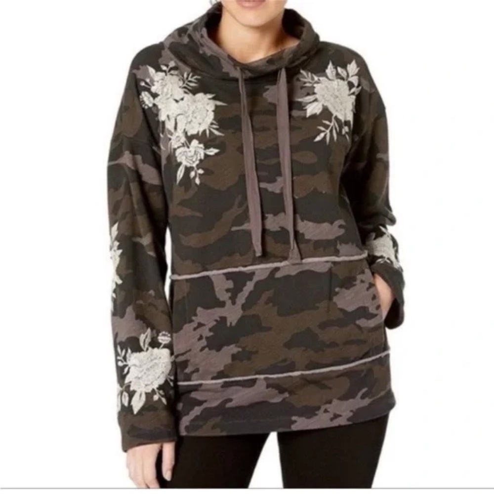 Johnny Was- Women’s Santal Camo Drawstring Turtleneck Sweatshirt Embroidered Lar